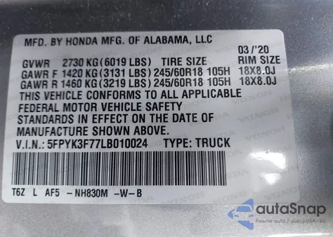 2020 Honda Ridgeline Rtl-E из США, поврежденный, VIN 5FPYK3F77LB010024